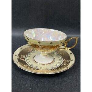 VTG Royal Halsey Very Fine Cup and Saucer Yellow Gold Iridescent Rare